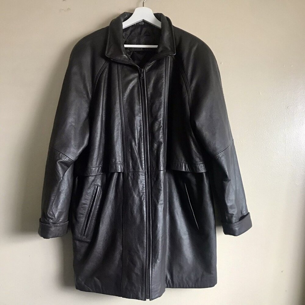 Jacqueline Ferrar Women’s Chocolate Brown‎ Leather Coat Size Large Cinched Waist
